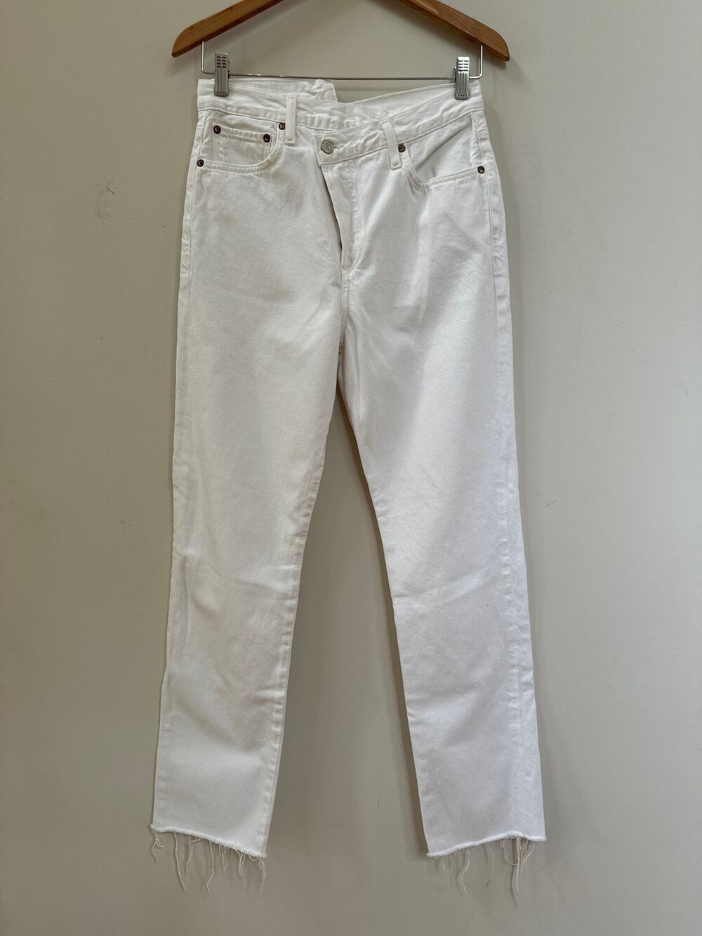 AGOLDE High-Rise Asymmetric Waist Straight-Leg Jeans Women's 27 Element Raw Hem